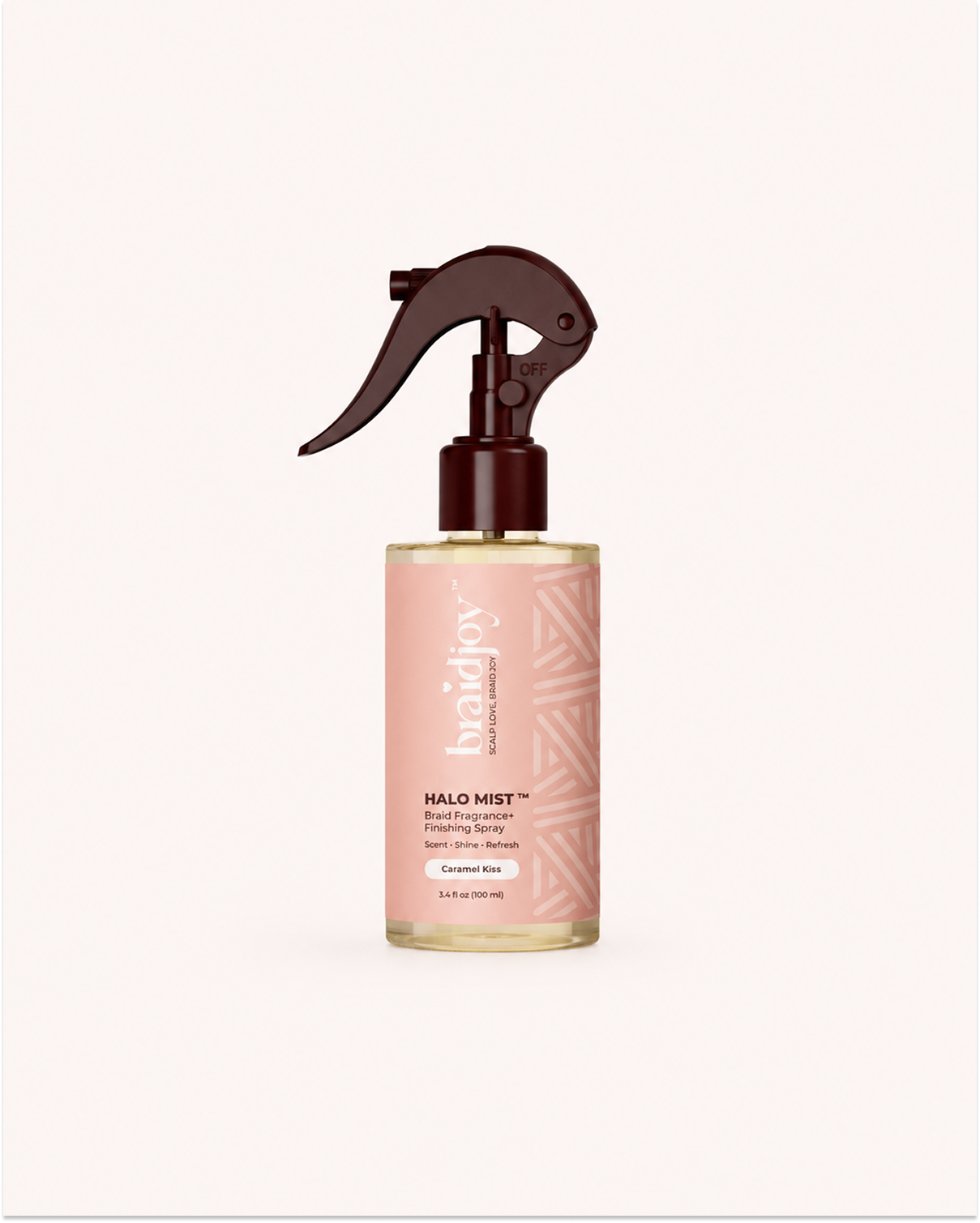 Braidjoy Halo Mist braid fragrance and finishing spray in Caramel Kiss, designed to refresh braids, neutralize odor, add lightweight shine, and leave a salon-fresh scent between washes.