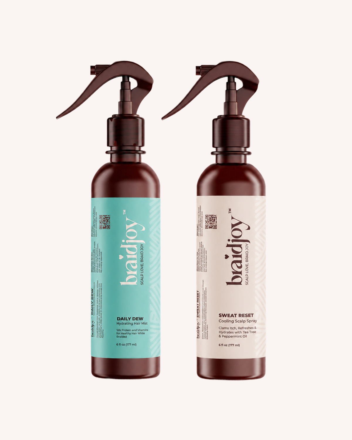 Two braidjoy amber spray bottles on a light background, featuring Daily Dew hydrating hair mist and Sweat Reset cooling scalp spray for lightweight moisture, scalp refreshment, sweat buildup control, and healthier hair after braids.