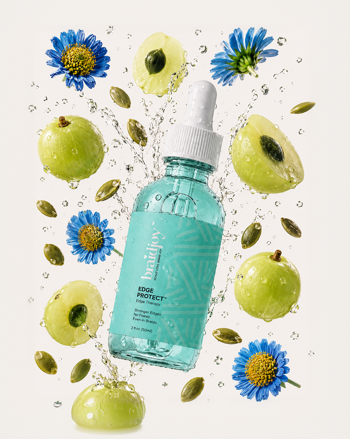 Braidjoy Edge Protect edge therapy serum bottle surrounded by splashing water, amla fruit, seeds, and blue flowers, highlighting a lightweight oil-based treatment that soothes the scalp, protects fragile edges, and supports stronger hair growth.