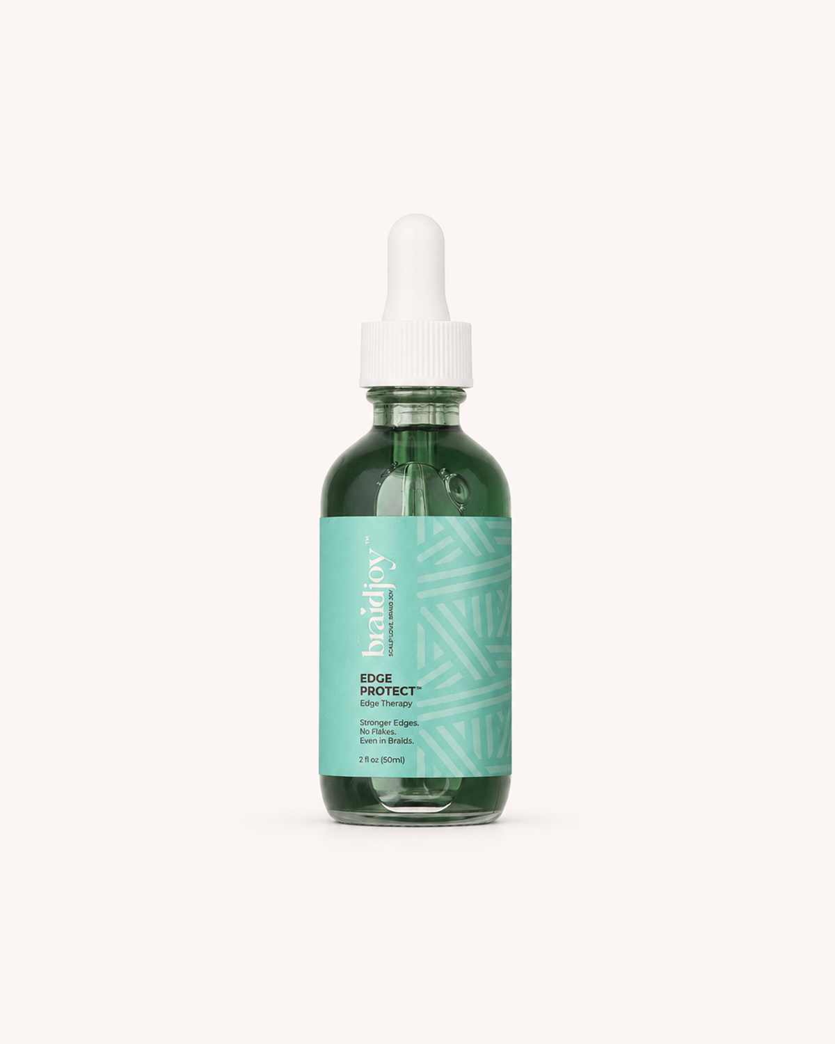 Green glass braidjoy Edge Protect edge therapy serum with a teal label and white dropper, designed to protect fragile edges, soothe irritation, reduce breakage from tight styles, and support stronger, healthier hair growth without buildup.